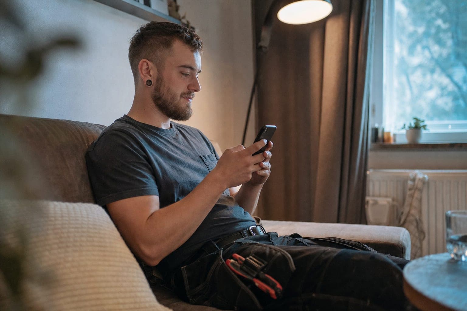 Fachkraft zuhause auf dem Sofa mit dem Telefon in der Hand